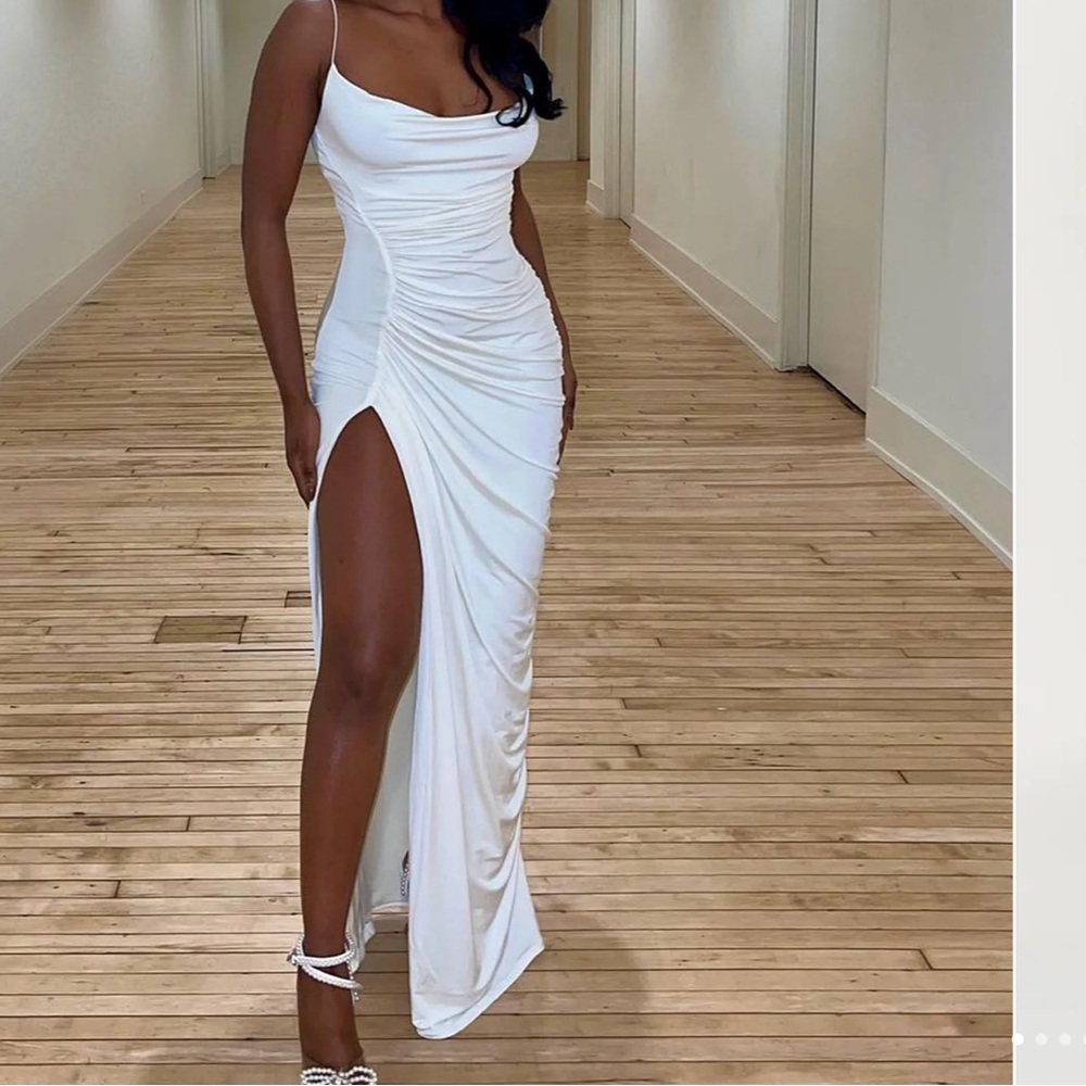 Meshki “Candice ruched maxi dress” bone
